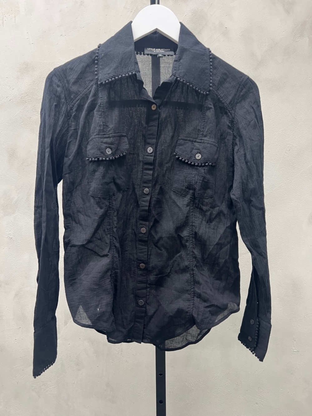 Little Joe Woman Black Textured Button-Up Blouse
